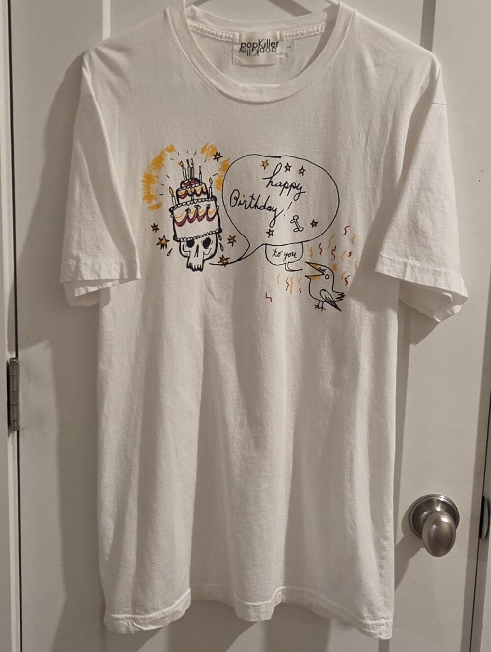 Vintage Pop Killer Happy Birthday Graphic T-Shirt Size Large - Bird Skull - RARE